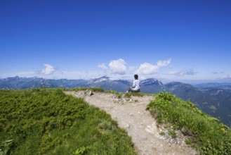 Hiking trail from Fellhorn, 2038m, to Söllereck, Allgäu Alps, Bavaria, Germany, in the background