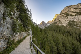 Hiking trail to the Blaueishütte, rocky mountain peaks at sunrise, Hochkalter, Berchtesgaden Alps,