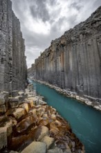 Stuðlagil Canyon, turquoise river between basalt columns, Egilsstadir, Iceland, Europe