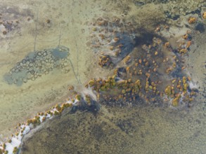 Conspicuous patterns at the bottom of the shallow lagoon Salinas de Cerrillos, aerial view, drone