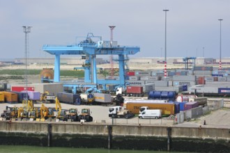 Container terminal cranes in the port of Zeebrugge, Belgium, Europe