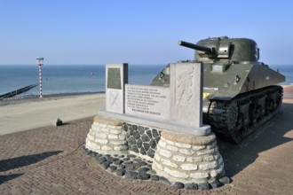 Sherman M4A4 tank on the dyke, dyke near Westkapelle, Zeeland, the Netherlands