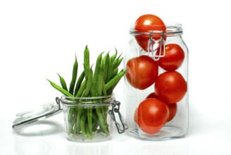 Preserving jars with tomatoes and string beans, preserved, bean, string bean, tomato