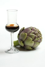 Artichoken and nlikör in glass (Cynara scolymus, Cynara cardunculus) , liqueur, bitters, digestif