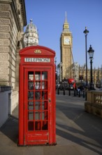 Red telephone box, Big Ben in the background, Westminster, London, England, United Kingdom, Europe