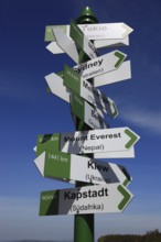 World signpost, Noah's Sails lookout tower at Ellenbogen, 813 m. high mountain of the Rhoen in the