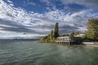 Autumn storm on Lake Constance with the Mettnau beach cafe near Radolfzell on Lake Constance,