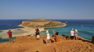 Viewpoint, tourists from behind, Tigani Island, sandbank, Pontikos Island, Gramvoussa Peninsula,