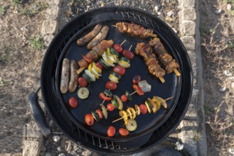 Bratwurst, meat and vegetable skewers in a grill pan, Bavaria, Germany, Europe