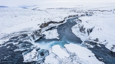 Godafoss waterfall, snowy landscape, drone shot, Northern Iceland Eyestra, Iceland, Europe