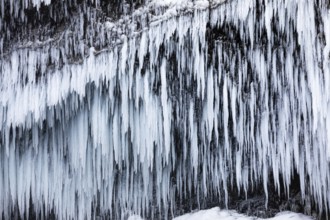 Icicles on the rock face at Skogafoss waterfall, Sudurland, Iceland, Europe