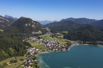 Drone shot, panorama shot, Fuschlsee, Fuschl am See, Alpine foothills, Salzkammergut, Land