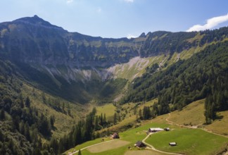 Drone shot, mountain landscape, Gruberalm with Gruberhorn, Osterhorngruppe, Salzkammergut, Land