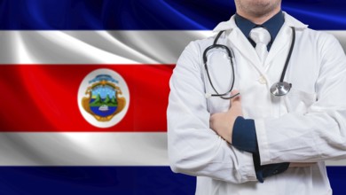 Doctor with stethoscope on Costa Rica flag. Costa Rica national health concept, Health and care