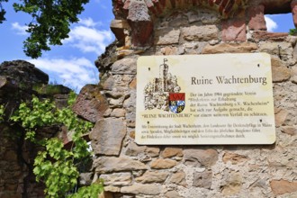 Wachenheim, Germany, May 2023: Information board at entrance of spur castle ruin called Wachtenburg