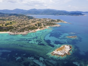 Aerial view, ghost town and beach, Kriaritsi, Sithonia, Chalkidiki, Central Macedonia, Greece,