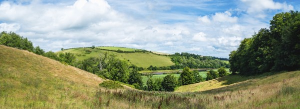 Panorama of Sharpham Meadows and Marsh over River Dart from a drone, Totnes, Devon, England, United