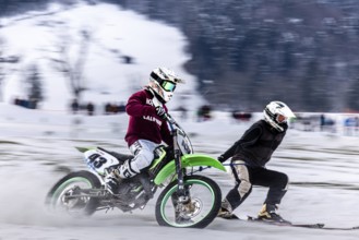 Skijoring, motorbike, snow, competition, motorsport, ski, fun, lenggries, Bavaria, Germany, Europe