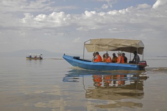 Motorboat with tourists on Lake Chamo, Chamo Hayk near Arba Minch in Southern Nations,