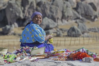 Mexican woman of the Rarámuri, Tarahumara tribe in traditional dress near the town Creel, Sierra