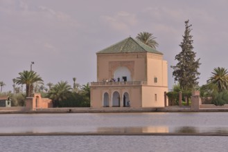 Pavilion in the Menara Gardens or Jardin de la Menara, UNESCO World Heritage Site, Marrakesh,