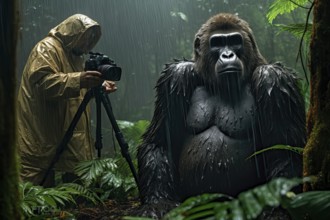 Man photographing a gorilla in the rain forest, AI Generated