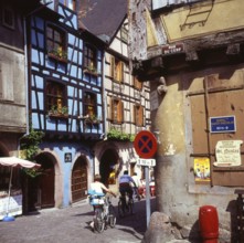 A bicycle tour through the Alsace, here on 11.05.1994 near Kayserberg, on a vineyard route is not