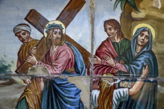 Painted wall tiles of the Passion of Christ at the Way of the Cross in Guadalest, Alicante