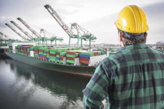 Male worker wearing yellow hard hat overlooking the san pedro ship yard