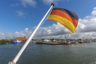 Büsum harbour, North Sea, German flag, fishing cutter, quay, Dithmarschen, Schleswig-Holstein,