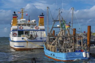 Ferry harbour Strucklahnungshörn, peninsula Nordstrand, fishing cutter, excursion boat, North Sea,