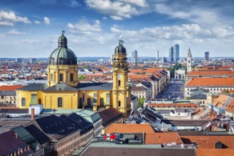 Aerial view of Munich over Theatine Church of St. Cajetan (Theatinerkirche St. Kajetan) and