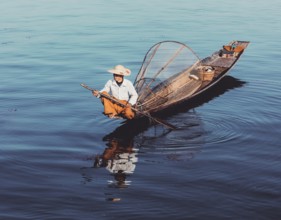 Myanmar travel attraction, Traditional Burmese fisherman at Inle lake, Myanmar famous for their