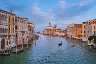 Panorama of Venice Grand Canal with boats and Santa Maria della Salute church on sunset from Ponte