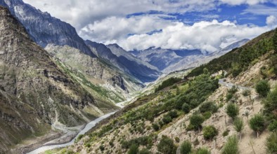 Panorama of Chandra river in Lahaul valley in Himalayas. Himachal Pradesh, India, Asia