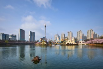 SEOUL, SOUTH KOREA, APRIL 7, 2017: Lotte World amusement park Magic Island in Seokchon lake. Seoul,