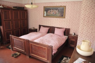 Bedroom in the Henneberg Open Air Museum near Veßra Monastery, Hildburghausen County, Thuringia,