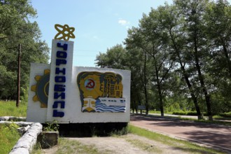 Monument at the entrance to the closed and uninhabitable 30-kilometre zone around the Chernobyl