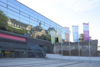 Reflection in the Darmstadtium and city wall in Darmstadt, Bergstrasse, Hesse, Germany, Europe