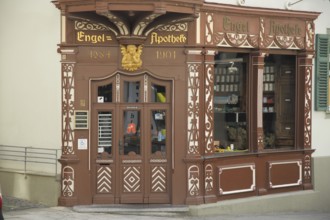 Entrance and door to the half-timbered house Engel Apotheke, ornamentation, brown, Old Town, Bad