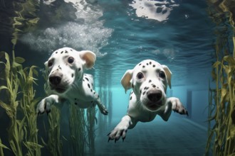 Two Dalmatian puppies diving in a river, AI Generated