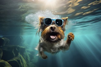 Yorkshire Terrier wearing sunglasses and diving in a river, AI Generated