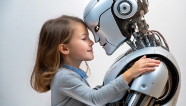 A tender touch, a little girl, about 9 years old, and a humanoid robot look each other in the face,