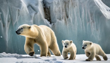 A polar bear with its two cubs walks through the snow in the polar region, AI generated