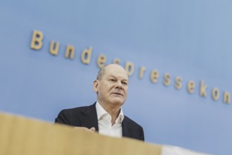 Olaf Scholz (SPD), Federal Chancellor, recorded at a federal press conference on current domestic