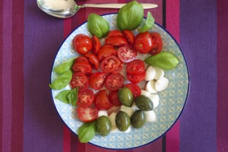 Italian cuisine, starter salad, cocktail tomatoes, cherry tomatoes halved, tomatoes, mozzarella,