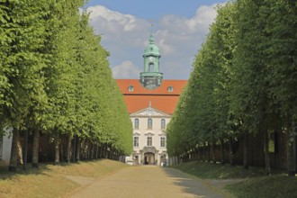 Avenue with walkway in the castle park, garden art, baroque garden, tower helmet, footpath, row,