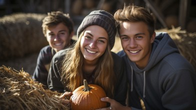 Young boyfriend and girlfriend enjoying the fall pumpkin patch on an autumn day, generative AI