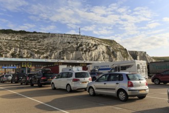 Car waiting in ferry terminal, chalk cliffs, Dover, Kent, England, United Kingdom, Europe