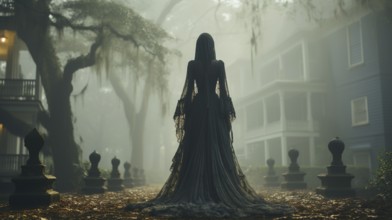 Eerie haunting ghostly female figure walking in front of a foggy southern plantation antebellum